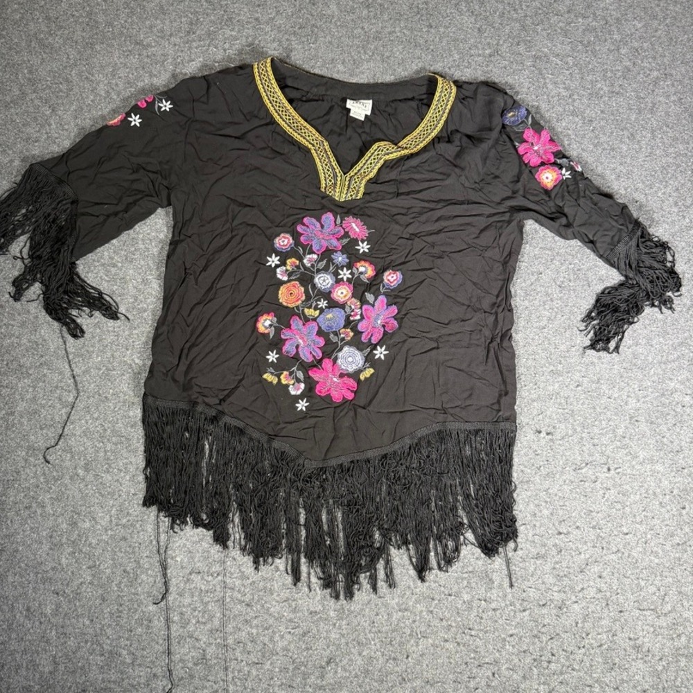 Ariat Womens XL Black Floral Embroidered Boho Fringe V-Neck Western Blouse Top